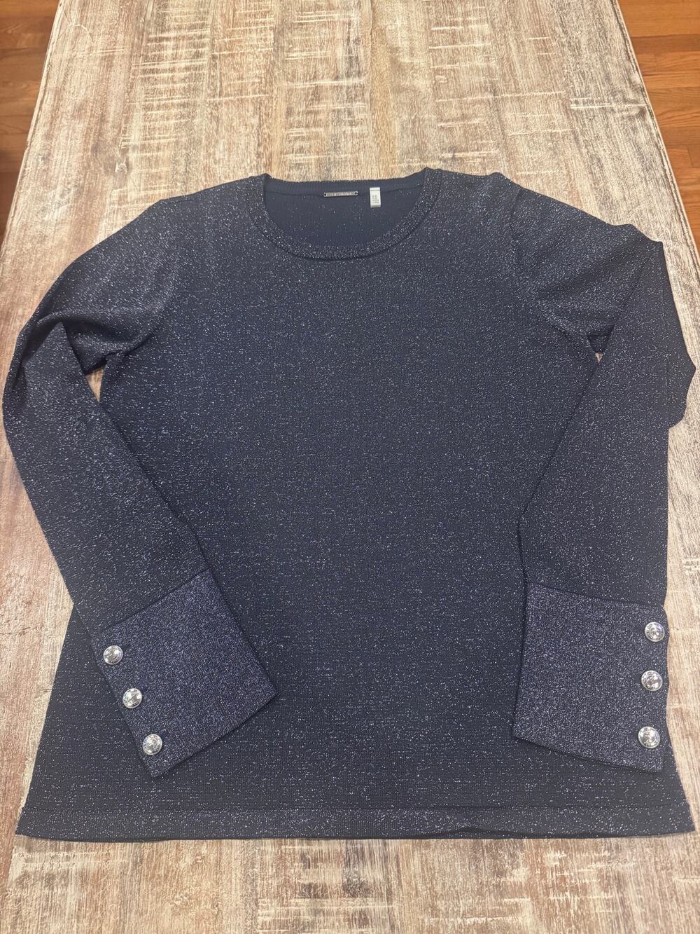 Elie Tahari Navy Metallic Shimmer Knit Button Cuff Top M